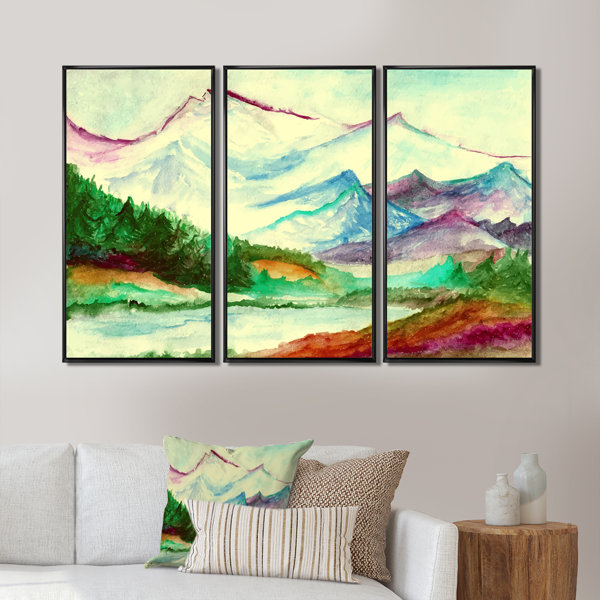 Loon Peak® Landscape With Watercolor Mountains Framed On Canvas 3 Pieces Painting Wayfair